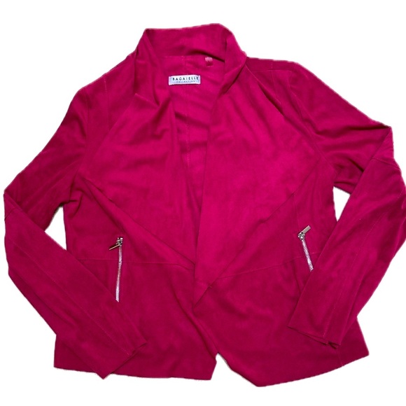 🧥‎ BAGATELLE Faux Suede Draped Moto Blazer | Style #66678 | Fuchsia Pink | Sz L - Picture 1 of 5